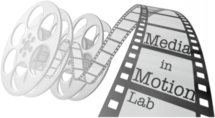 Media in Motion Lab Logo. Two film cassettes, like wheels seem to move forward, with film strip flying out behind them