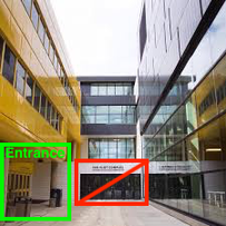 A photo of the entrance to the Van Vliet Centre with a green box with the word Entrance drawn around the left doors, and a red box with a line through it drawn around the centre doors.